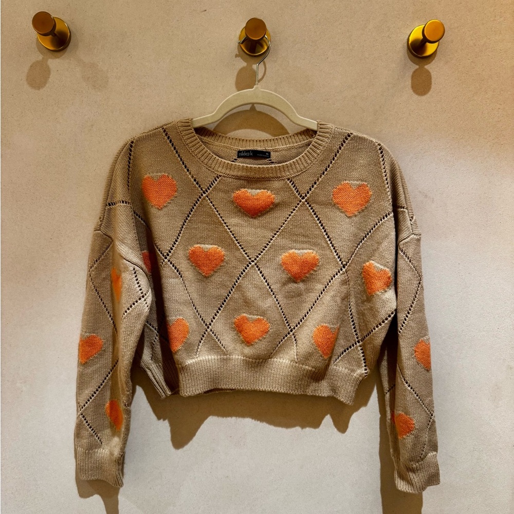 Girls Tan Sweater with Orange Heart Pattern